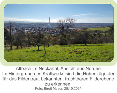 Altbach im Neckartal, Ansicht aus Norden Im Hintergrund des Kraftwerks sind die Höhenzüge der für das Filderkraut bekannten, fruchtbaren Filderebene  zu erkennen. Foto: Birgit Masur, 25.10.2024