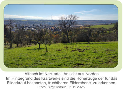 Altbach im Neckartal, Ansicht aus Norden Im Hintergrund des Kraftwerks sind die Höhenzüge der für das Filderkraut bekannten, fruchtbaren Filderebene  zu erkennen. Foto: Birgit Masur, 05.11.2025