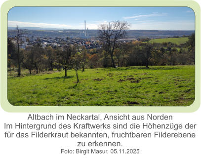 Altbach im Neckartal, Ansicht aus Norden Im Hintergrund des Kraftwerks sind die Höhenzüge der für das Filderkraut bekannten, fruchtbaren Filderebene  zu erkennen. Foto: Birgit Masur, 05.11.2025