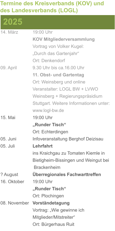 14. März		19:00 Uhr KOV Mitgliederversammlung			Vortrag von Volker Kugel:			„Durch das Gartenjahr“ Ort: Denkendorf 09. April		9.30 Uhr bis ca.16.00 Uhr 11. Obst- und Gartentag Ort: Weinsberg und online Veranstalter: LOGL BW + LVWO Weinsberg + Regierungspräsidium Stuttgart. Weitere Informationen unter: www.logl-bw.de 15. Mai		19:00 Uhr „Runder Tisch“  Ort: Echterdingen 05. Juni		Infoveranstaltung Berghof Deizisau 05. Juli		Lehrfahrt									ins Kraichgau zu Tomaten Kiemle in 				Bietigheim-Bissingen und Weingut bei			 Brackenheim ? August		Überregionales Fachwarttreffen 16. Oktober	19:00 Uhr „Runder Tisch“ Ort: Plochingen 08. November	Vorständetagung							Vortrag: „Wie gewinne ich 						Mitglieder/Mitstreiter“  Ort: Bürgerhaus Ruit 2025 Termine des Kreisverbands (KOV) und des Landesverbands (LOGL)