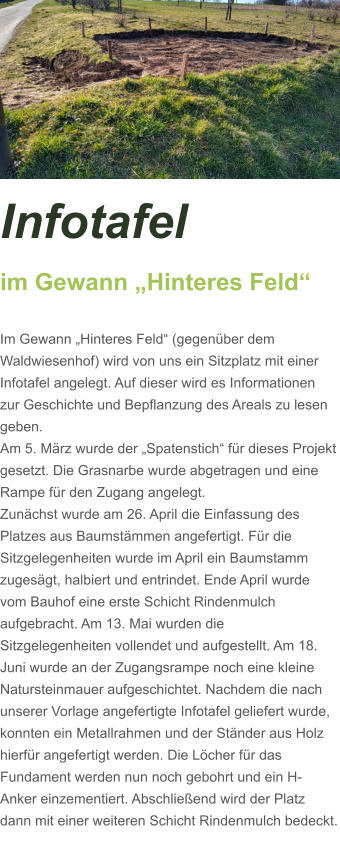 Infotafel  im Gewann „Hinteres Feld“  Im Gewann „Hinteres Feld“ (gegenüber dem Waldwiesenhof) wird von uns ein Sitzplatz mit einer Infotafel angelegt. Auf dieser wird es Informationen zur Geschichte und Bepflanzung des Areals zu lesen geben. Am 5. März wurde der „Spatenstich“ für dieses Projekt gesetzt. Die Grasnarbe wurde abgetragen und eine Rampe für den Zugang angelegt.  Zunächst wurde am 26. April die Einfassung des Platzes aus Baumstämmen angefertigt. Für die Sitzgelegenheiten wurde im April ein Baumstamm zugesägt, halbiert und entrindet. Ende April wurde vom Bauhof eine erste Schicht Rindenmulch aufgebracht. Am 13. Mai wurden die Sitzgelegenheiten vollendet und aufgestellt. Am 18. Juni wurde an der Zugangsrampe noch eine kleine Natursteinmauer aufgeschichtet. Nachdem die nach unserer Vorlage angefertigte Infotafel geliefert wurde, konnten ein Metallrahmen und der Ständer aus Holz hierfür angefertigt werden. Die Löcher für das Fundament werden nun noch gebohrt und ein H-Anker einzementiert. Abschließend wird der Platz dann mit einer weiteren Schicht Rindenmulch bedeckt.