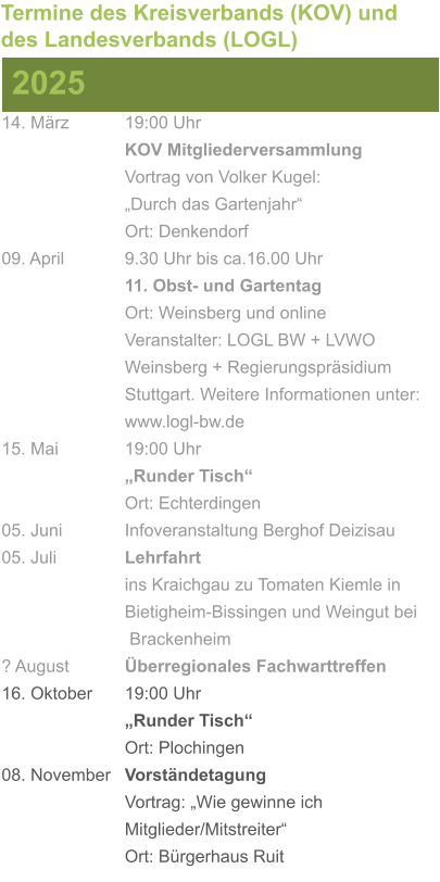 14. März		19:00 Uhr KOV Mitgliederversammlung			Vortrag von Volker Kugel:			„Durch das Gartenjahr“ Ort: Denkendorf 09. April		9.30 Uhr bis ca.16.00 Uhr 11. Obst- und Gartentag Ort: Weinsberg und online Veranstalter: LOGL BW + LVWO Weinsberg + Regierungspräsidium Stuttgart. Weitere Informationen unter: www.logl-bw.de 15. Mai		19:00 Uhr „Runder Tisch“  Ort: Echterdingen 05. Juni		Infoveranstaltung Berghof Deizisau 05. Juli		Lehrfahrt									ins Kraichgau zu Tomaten Kiemle in 				Bietigheim-Bissingen und Weingut bei			 Brackenheim ? August		Überregionales Fachwarttreffen 16. Oktober	19:00 Uhr „Runder Tisch“ Ort: Plochingen 08. November	Vorständetagung							Vortrag: „Wie gewinne ich 						Mitglieder/Mitstreiter“  Ort: Bürgerhaus Ruit 2025 Termine des Kreisverbands (KOV) und des Landesverbands (LOGL)